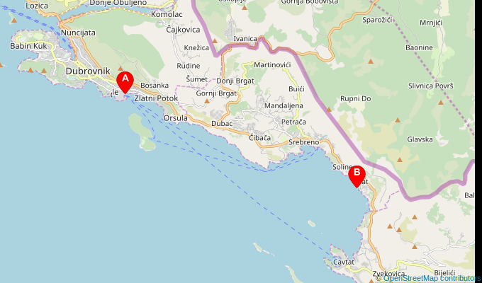 Map of ferry route between Dubrovnik (Old Town Port) and Plat